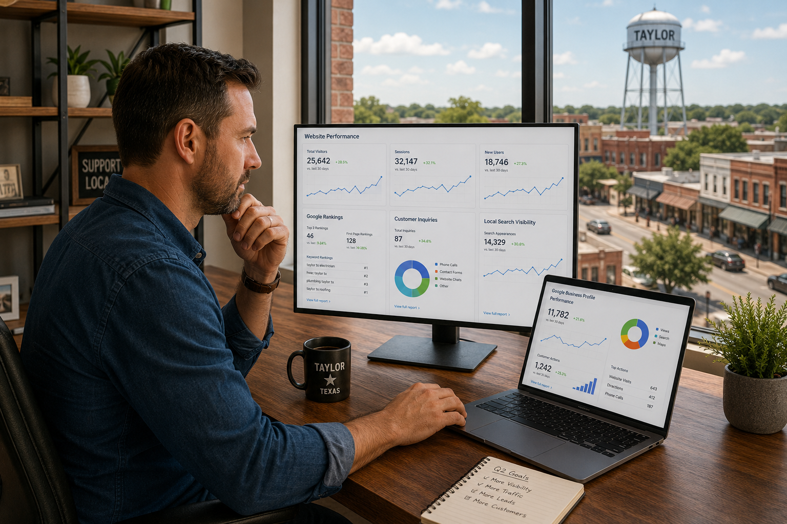 Taylor Texas business owner reviewing website traffic growth, customer inquiries, Google rankings, and local search visibility metrics from a modern office overlooking downtown Taylor Texas.