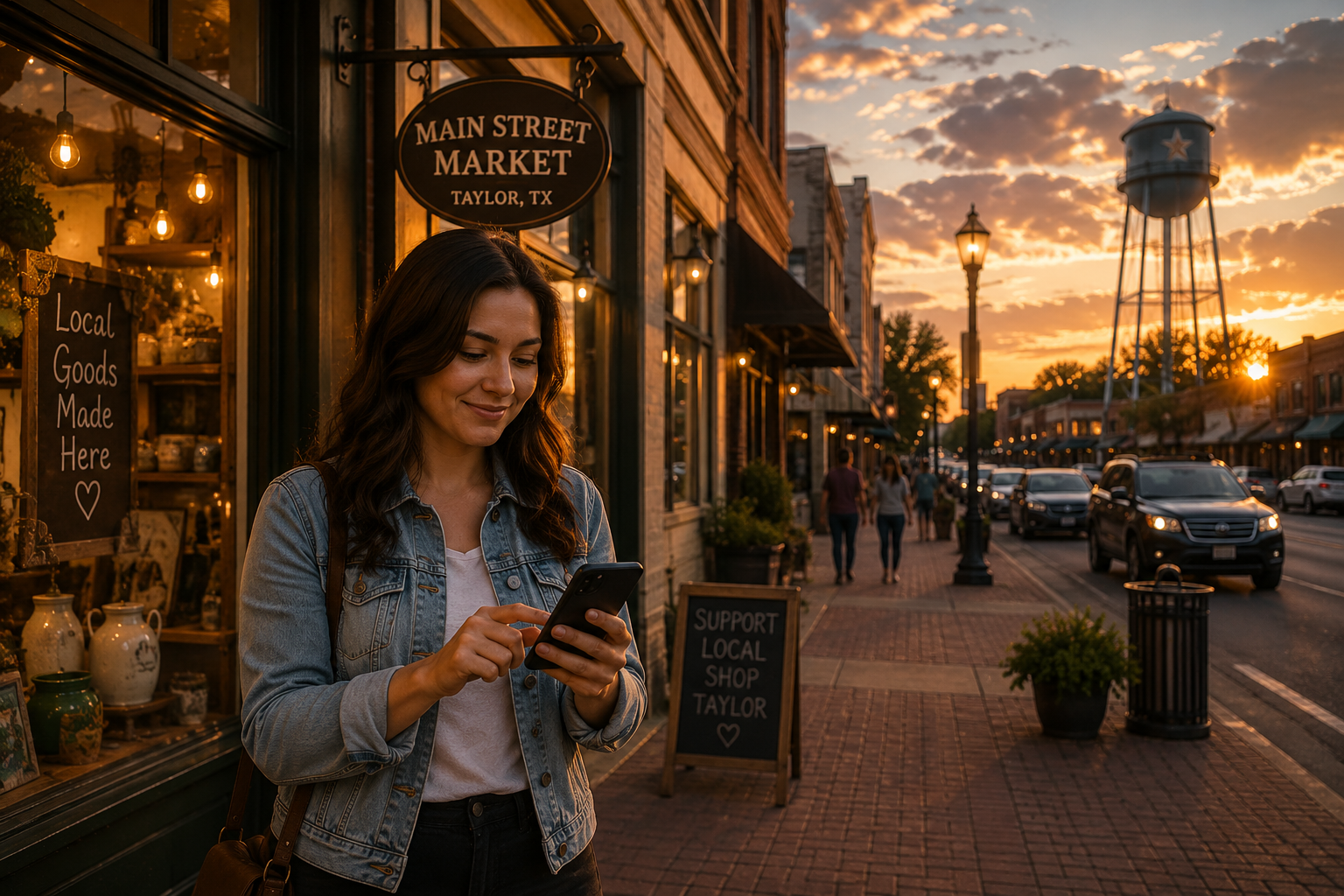 Taylor Texas resident searching for local businesses on a smartphone while walking through historic downtown Taylor TX during sunset with active storefronts and the Taylor water tower visible in the background.