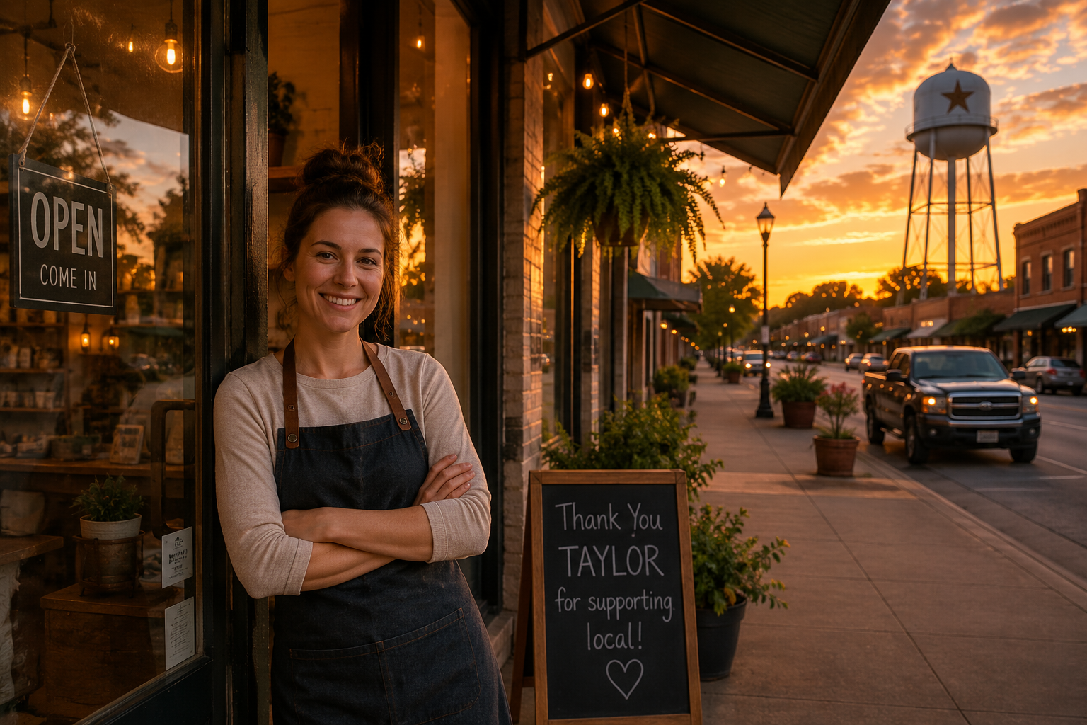 Taylor Texas small business owner standing outside a local storefront at sunset with the Taylor water tower visible in the background, representing business growth and local visibility.