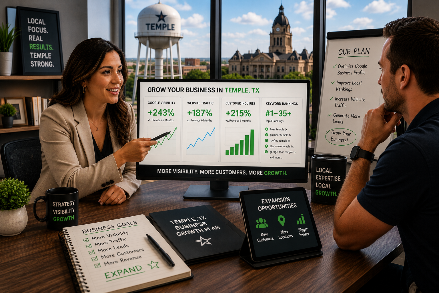 Temple Texas business consultant presenting Google visibility improvements, website traffic growth, customer inquiries, and business expansion opportunities to a local business owner during a strategy meeting.