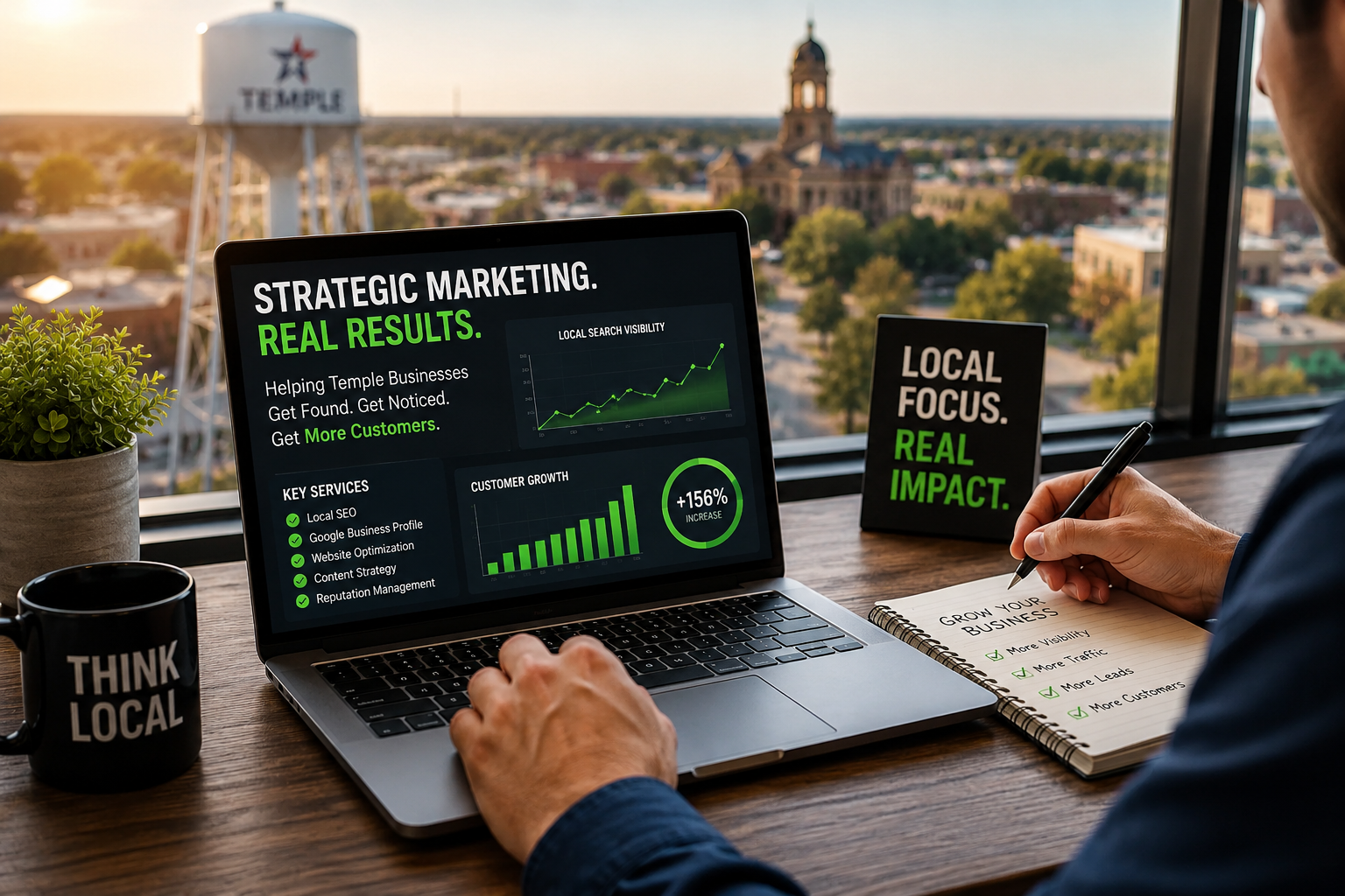 Temple Texas business owner reviewing website traffic growth, customer inquiries, phone call reports, and local search visibility metrics inside a modern office.