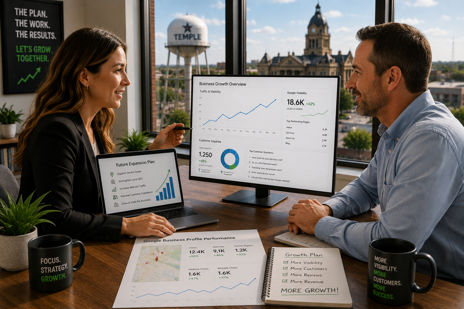 Temple Texas business owner meeting with a consultant to review Google visibility metrics, website growth, customer inquiries, and business expansion strategies in a modern office.
