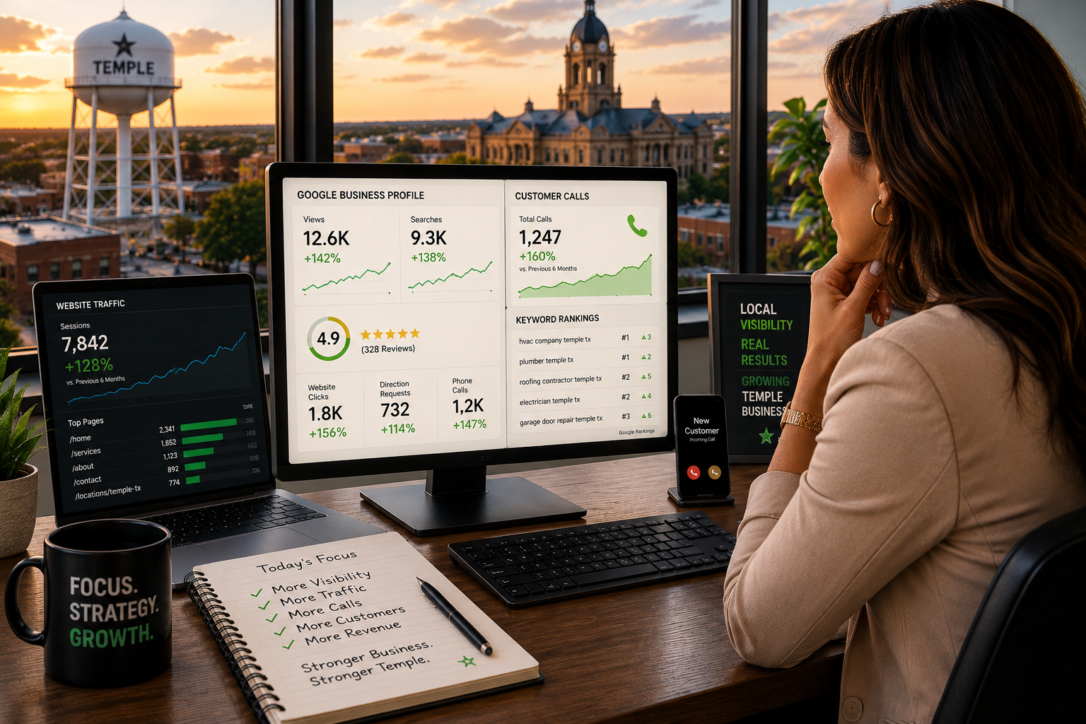 Temple Texas business owner reviewing website traffic growth, Google Business Profile insights, customer calls, and keyword rankings from a modern office overlooking downtown Temple.