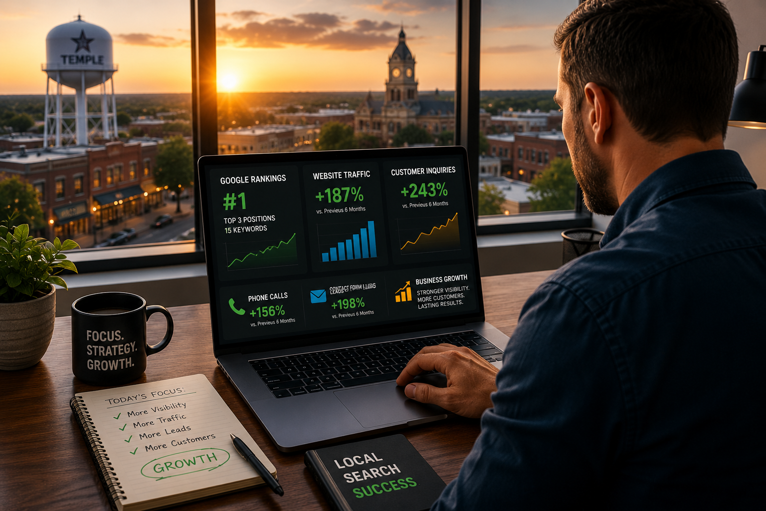 Temple Texas business owner reviewing Google rankings, website traffic growth, customer inquiries, and local search visibility metrics from an office overlooking downtown Temple.