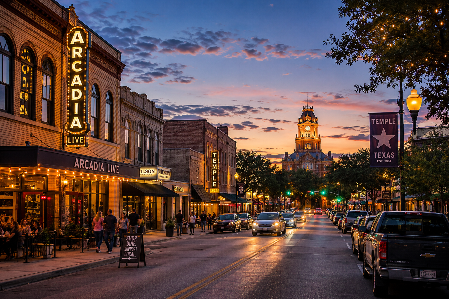 Temple Texas downtown business district during golden hour with local storefronts, customers walking, and a thriving commercial atmosphere representing business growth and local visibility.