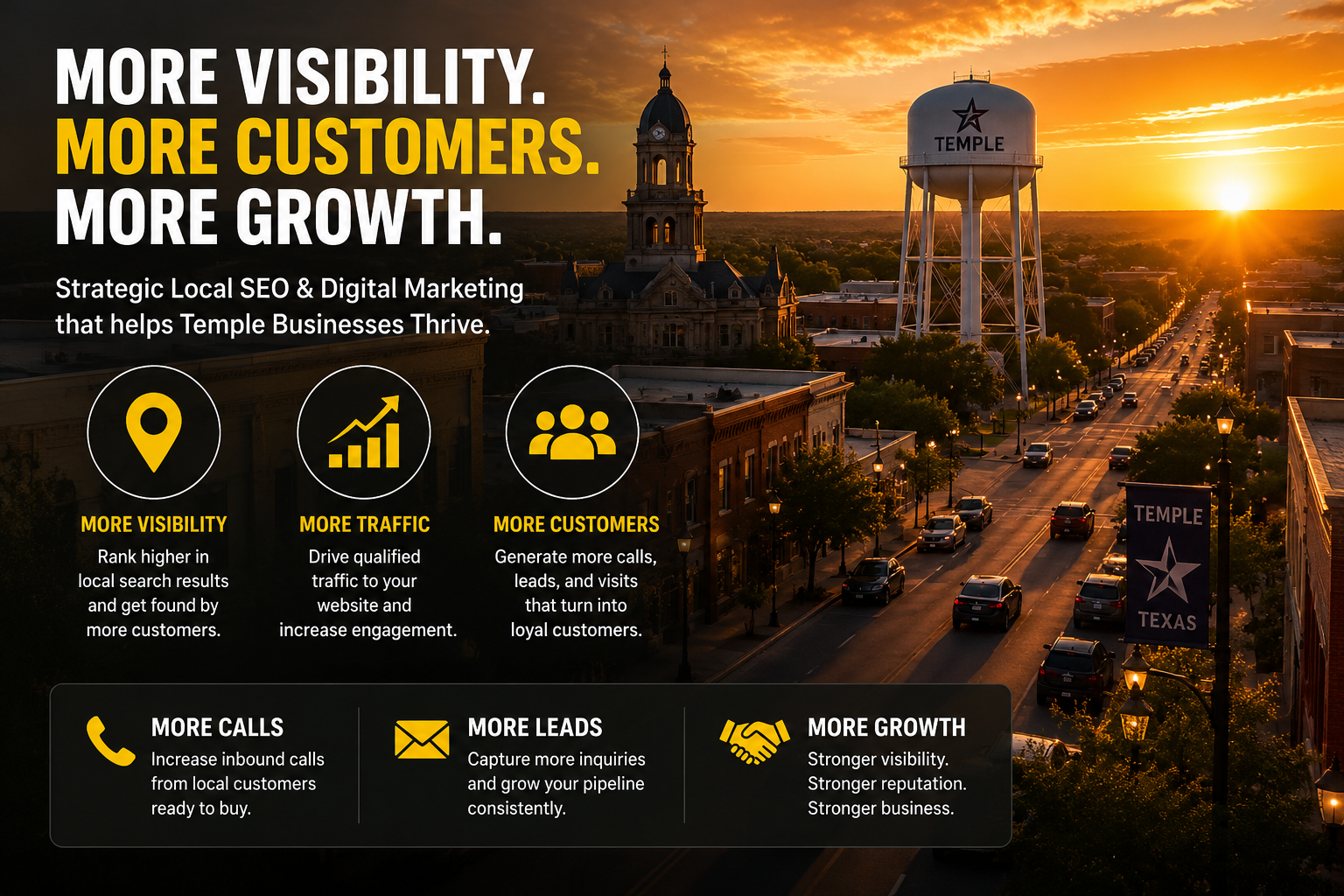 Temple Texas local SEO and business visibility strategy showing increased website traffic, customer growth, lead generation, and higher local search rankings for businesses.