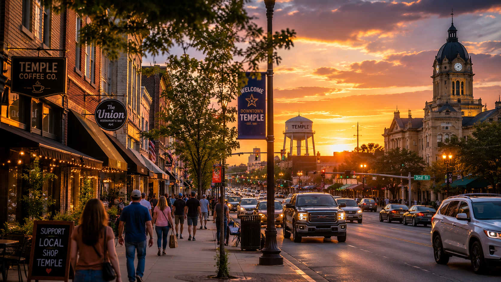 Busy downtown Temple Texas during golden hour featuring local storefronts, customers walking, active traffic, and a vibrant business district supporting local economic growth.
