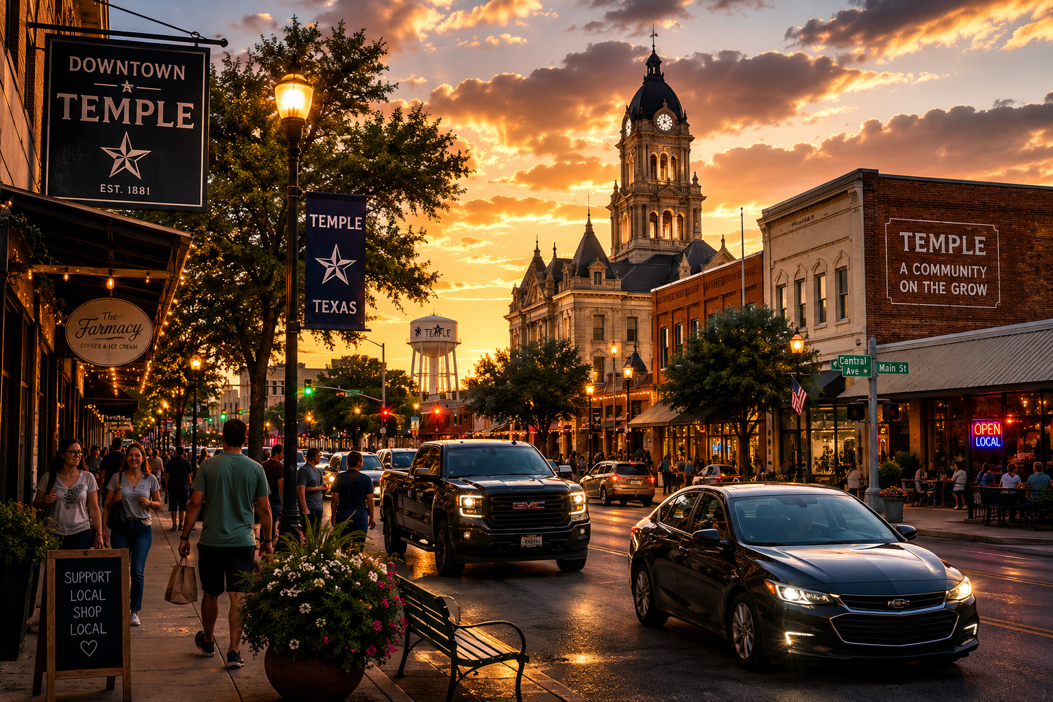 Busy Temple Texas downtown district during sunset featuring local businesses, customers walking storefronts, active traffic, and a thriving community atmosphere supporting local economic growth.