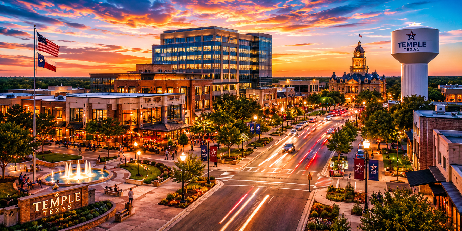 Temple Texas downtown street scene during sunset featuring local businesses, pedestrian activity, warm lighting, and a thriving commercial district representing business growth and local visibility.