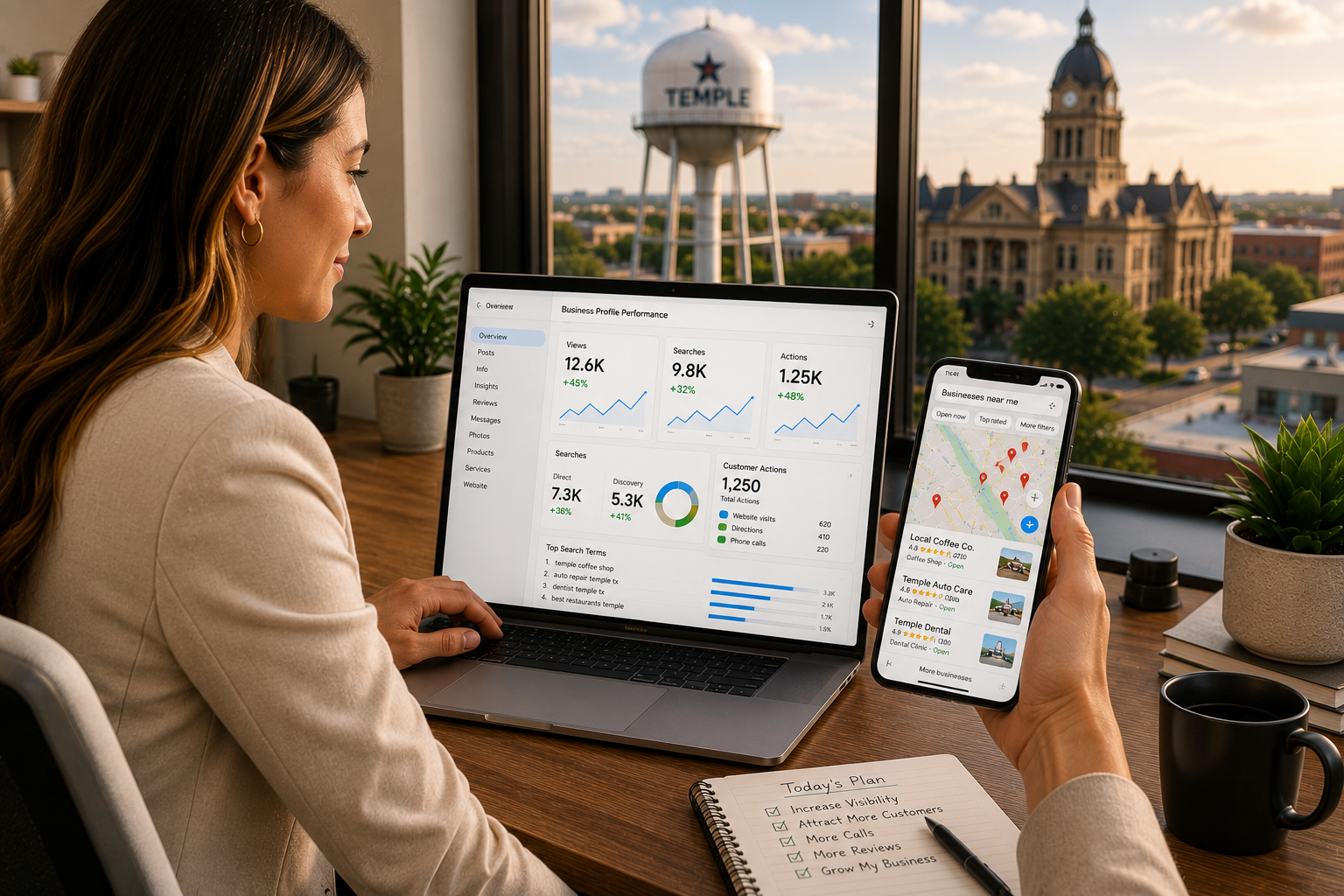 Temple Texas business owner reviewing Google Business Profile performance, website traffic, customer calls, and Google Maps local business listings from a modern office overlooking downtown Temple.