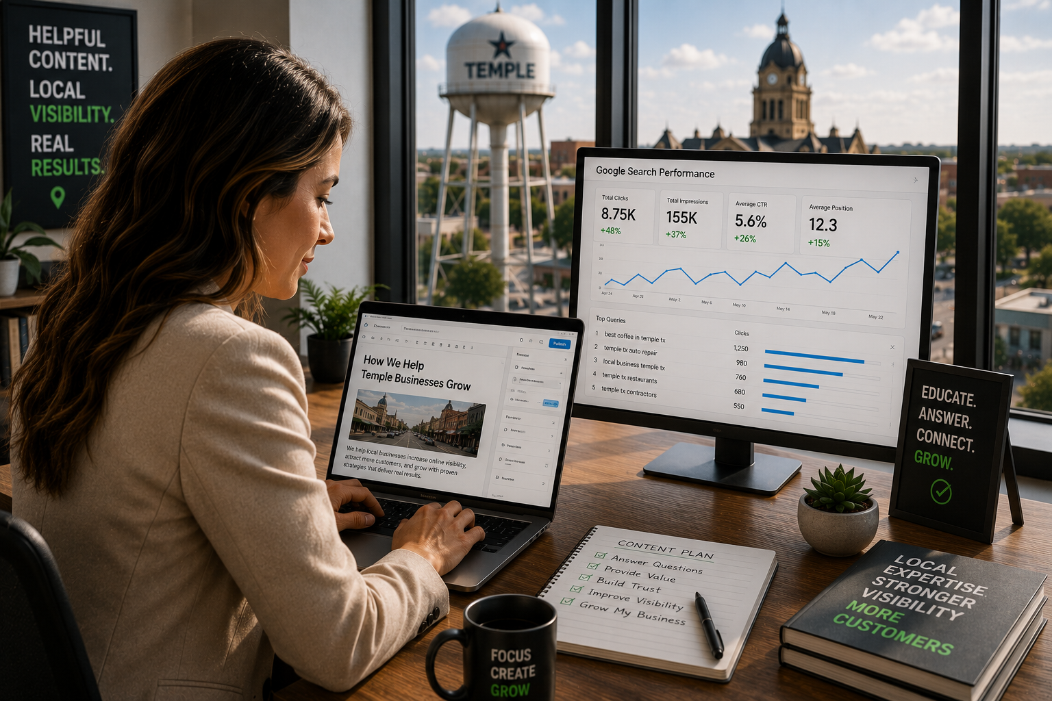 Temple Texas business owner creating helpful website content while reviewing Google Search performance, customer questions, and local search visibility from a modern office overlooking downtown Temple.