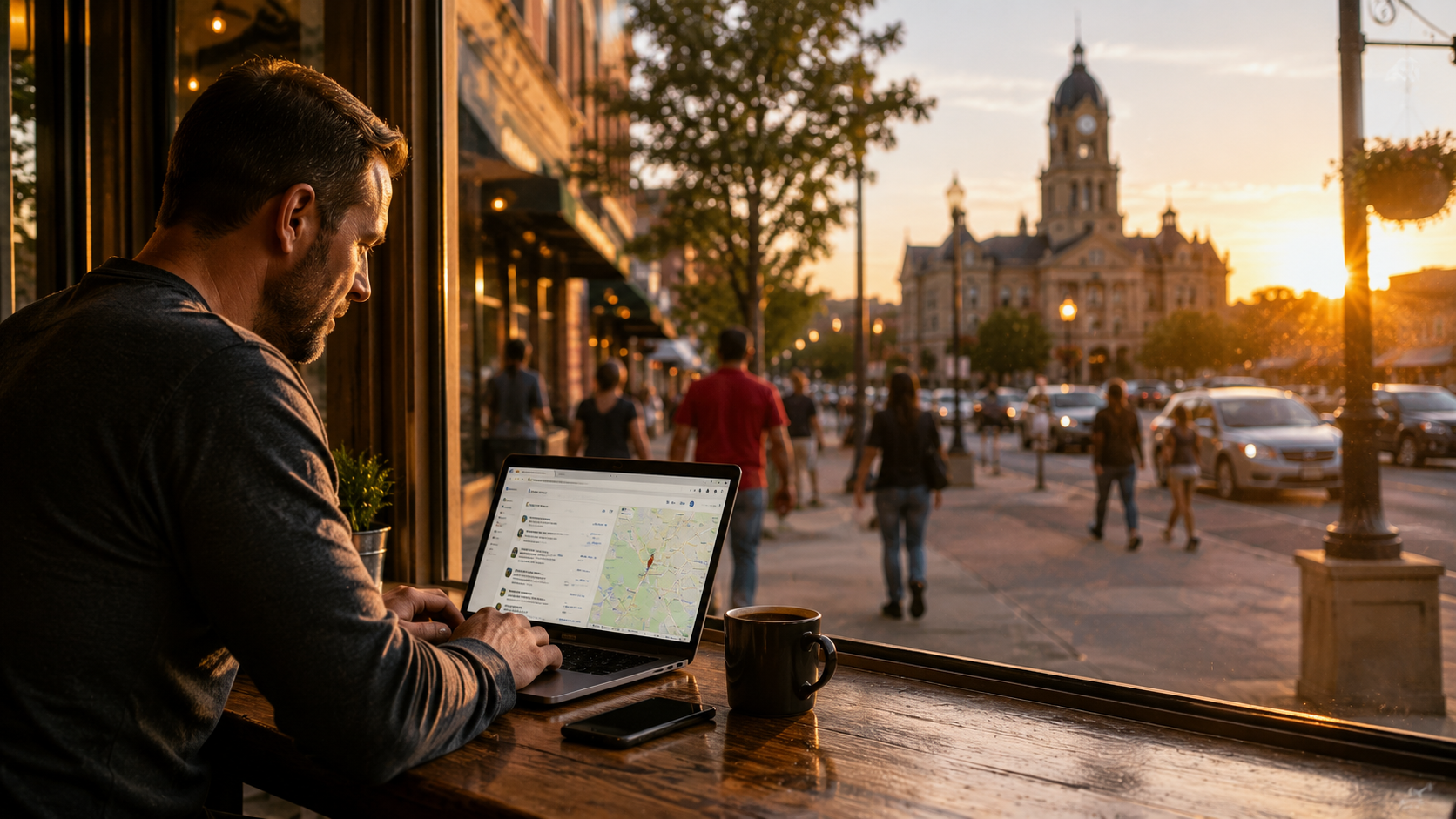 Temple Texas business owner reviewing website traffic, Google Search performance, and local search visibility on a laptop while overlooking downtown Temple during golden hour.