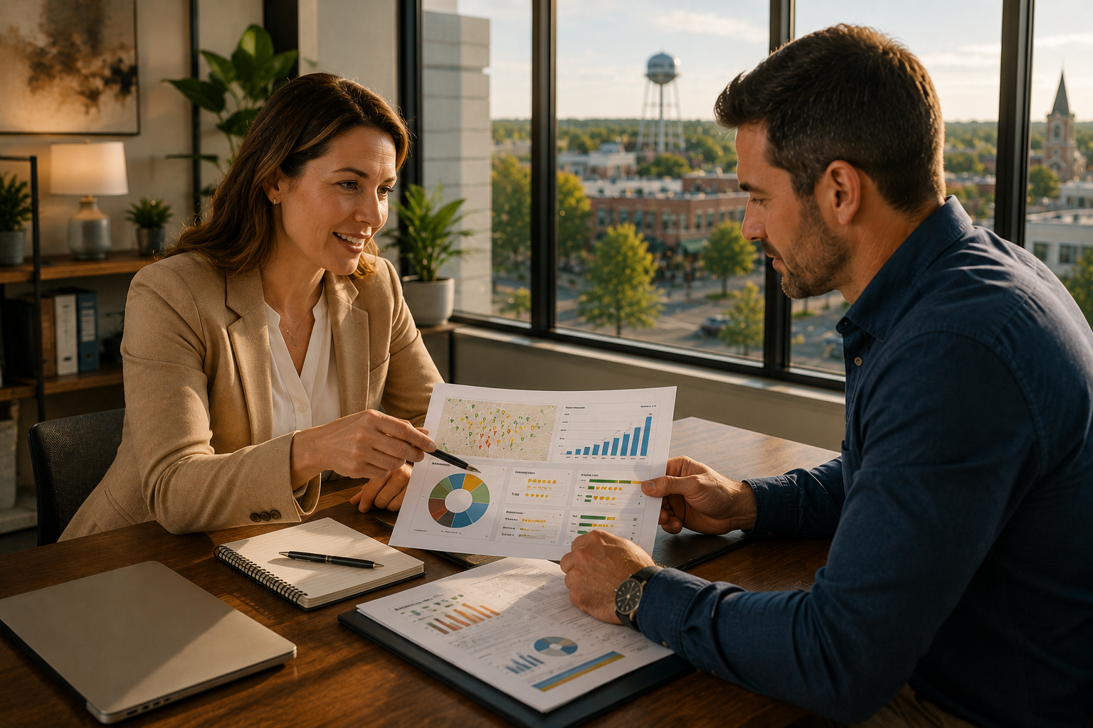 Cedar Park business owner reviewing a printed Local Visibility Report with a local marketing consultant showing Google Maps visibility, customer reviews, business listings and local search performance inside a modern office.