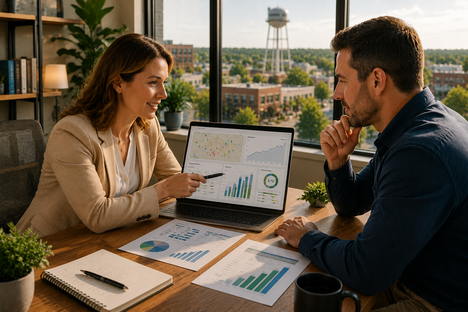 Cedar Park business owner meeting with a marketing consultant while reviewing Google visibility improvements, customer inquiries, business growth projections and future expansion plans on a laptop in a modern office.