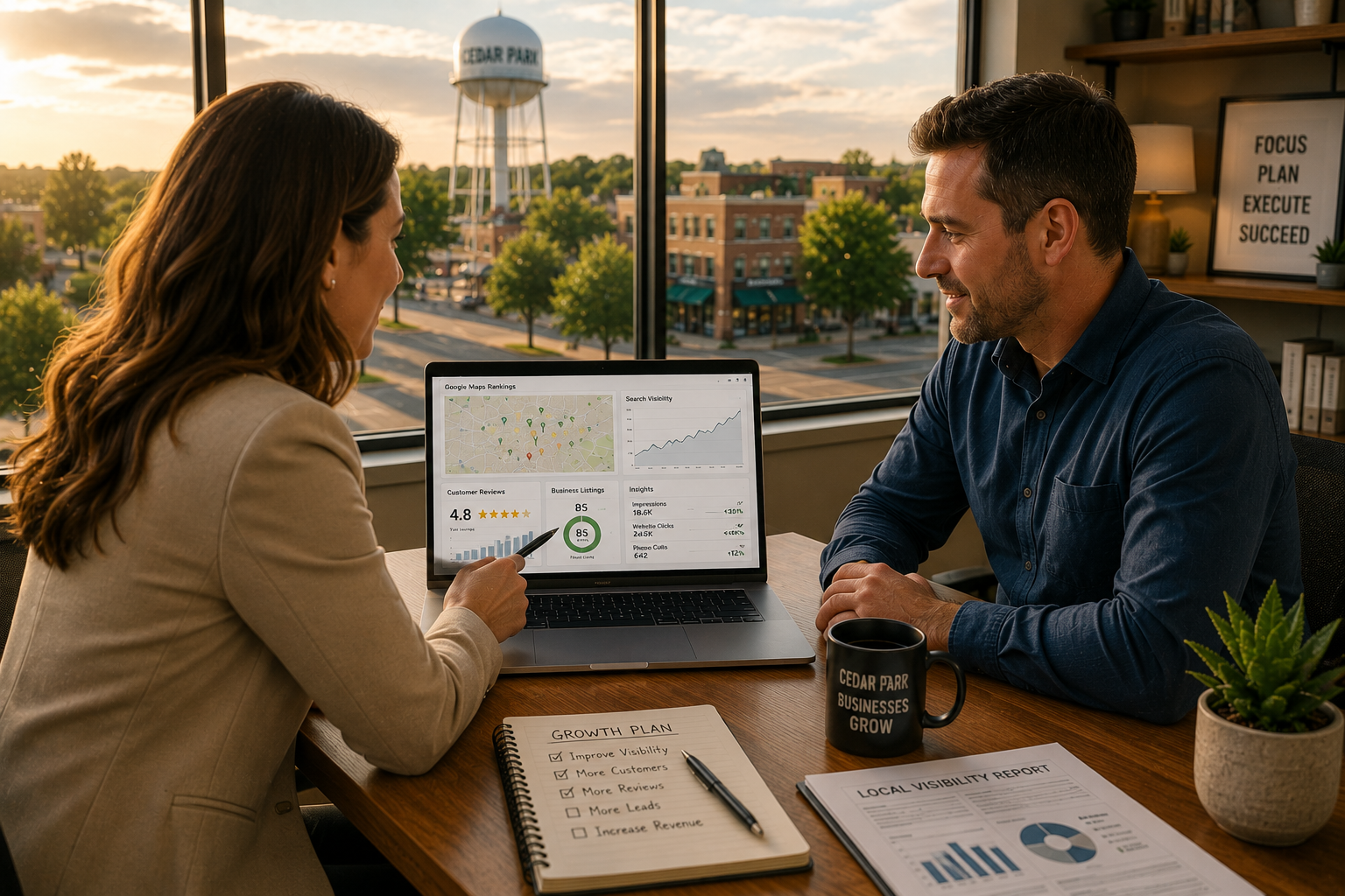 Cedar Park business owner meeting with a local marketing consultant while reviewing a Local Visibility Report showing Google Maps rankings, customer reviews, business listings and local search performance on a laptop.