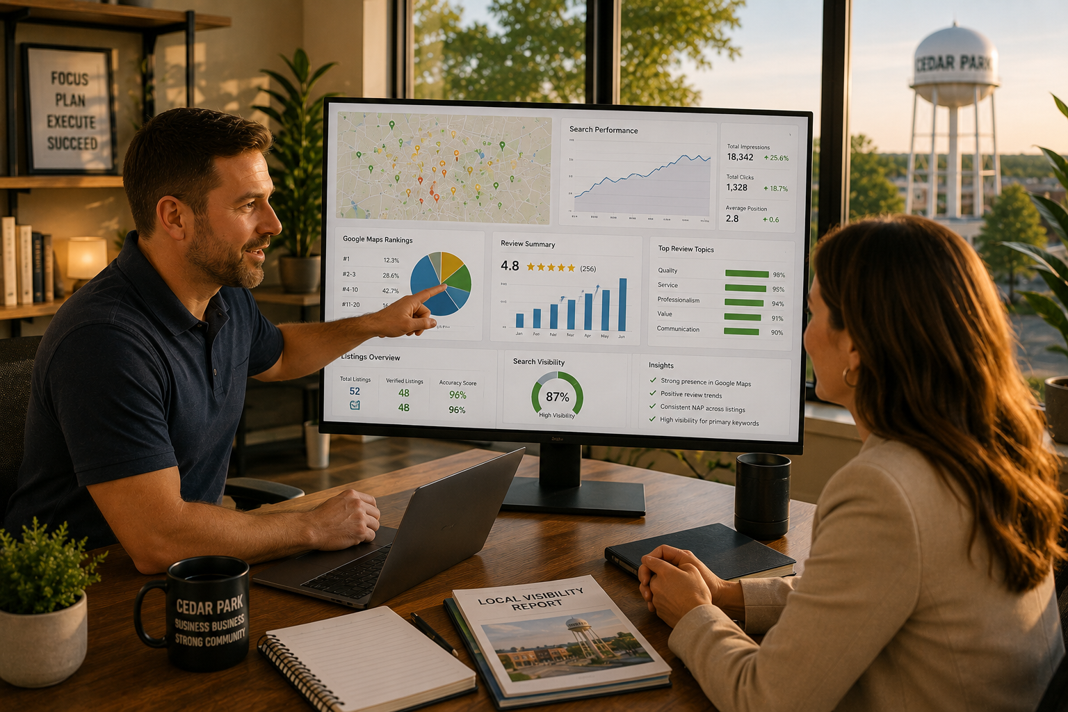Professional marketing consultant walking a Cedar Park business owner through a Local Visibility Report on a large monitor displaying Google Maps rankings, customer reviews, business listings and local search performance inside a modern office.