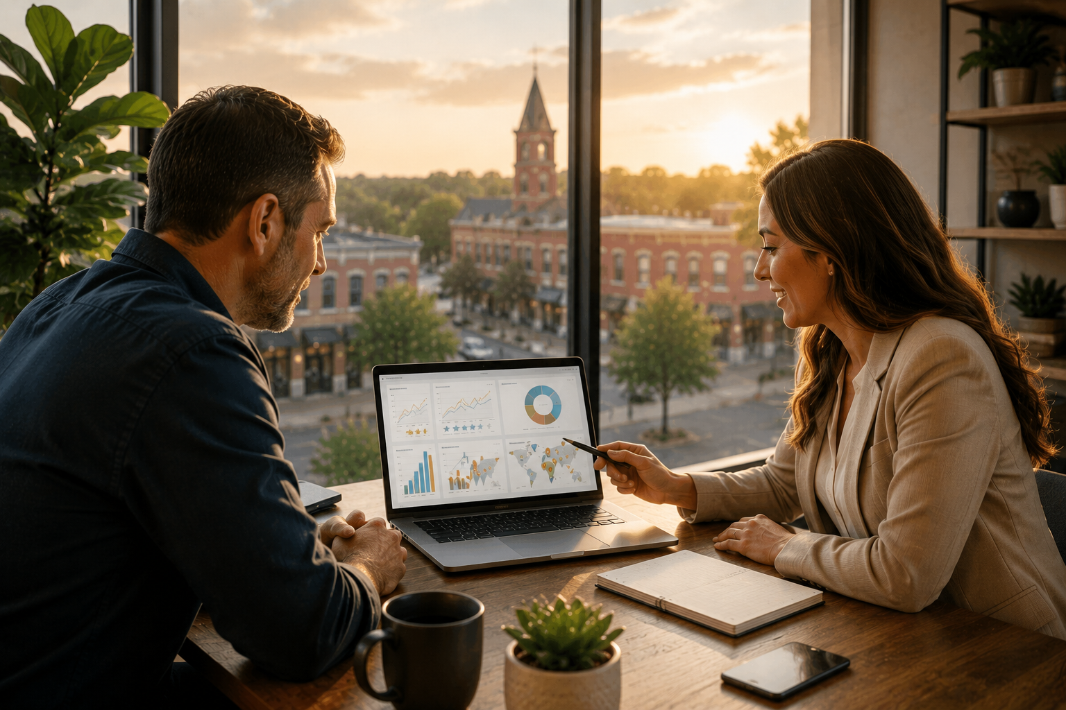 Leander Texas business owner reviewing Google Business Profile performance, local search visibility, website analytics, and customer review trends with a digital visibility consultant inside a modern office overlooking downtown Leander.