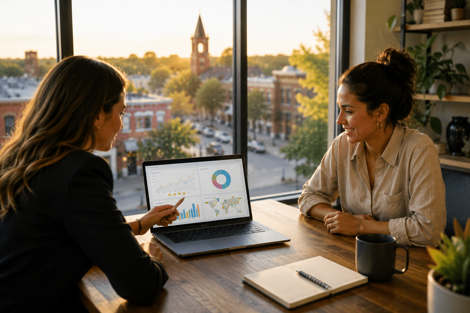 Two women reviewing a local business visibility report, Google Business Profile insights, website analytics, and online growth strategies inside a modern office overlooking downtown Leander Texas.
