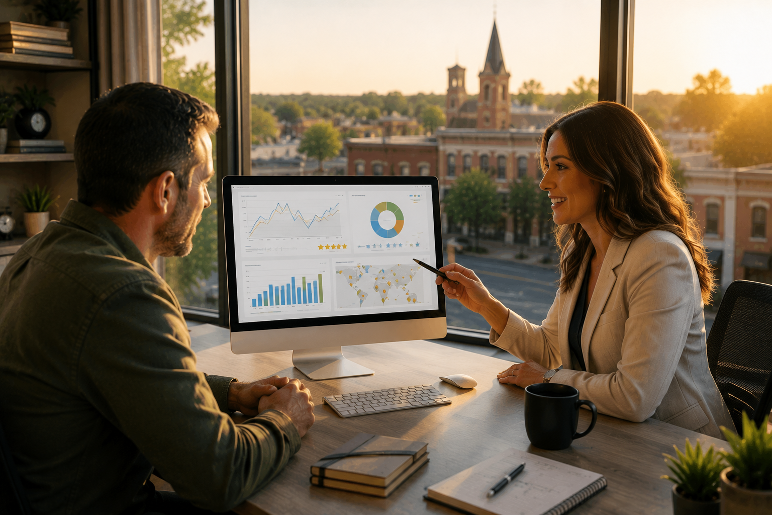 Leander Texas small business owner reviewing Google Business Profile performance, website analytics, customer review trends, and local search visibility with a digital marketing consultant inside a modern office overlooking downtown Leander.