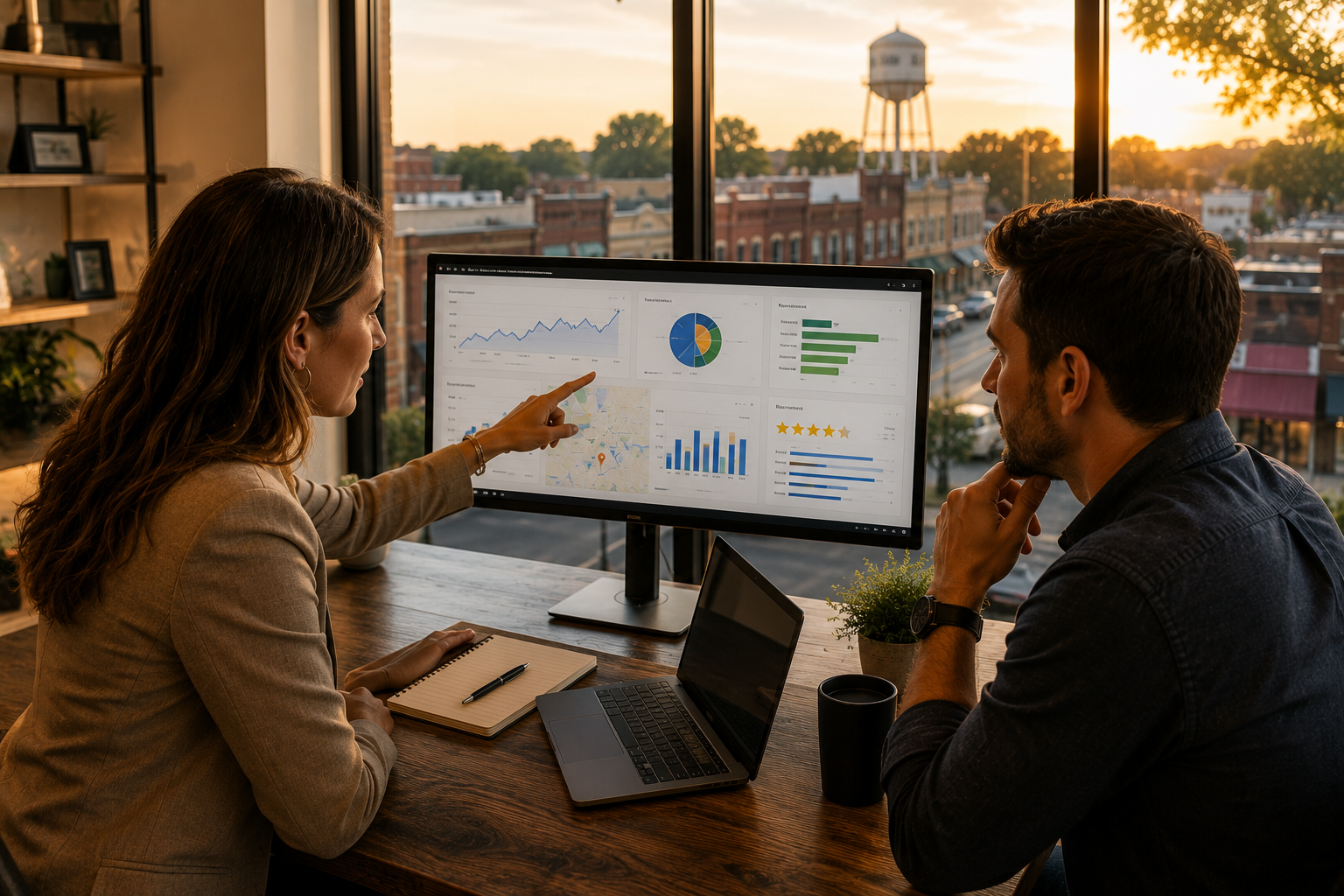 Taylor Texas business owner meeting with a local marketing consultant while reviewing Google Business Profile analytics, search visibility reports, website traffic, keyword rankings, customer reviews, and Google Maps performance inside a modern office overlooking historic downtown Taylor.