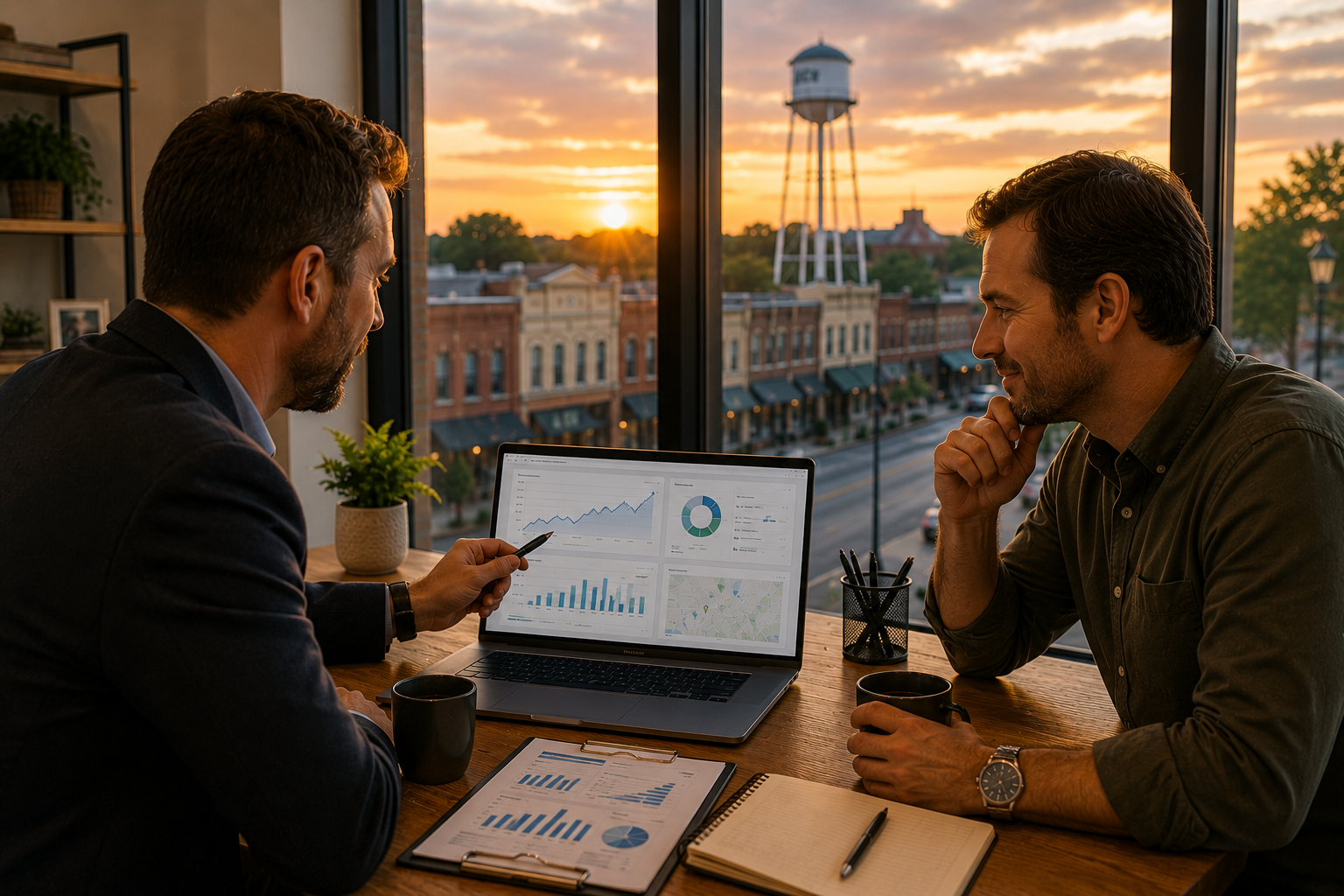 Taylor Texas business owner meeting with a local marketing consultant to review website traffic, Google Business Profile performance, customer engagement, keyword rankings, and long-term local SEO growth strategies while overlooking historic downtown Taylor.