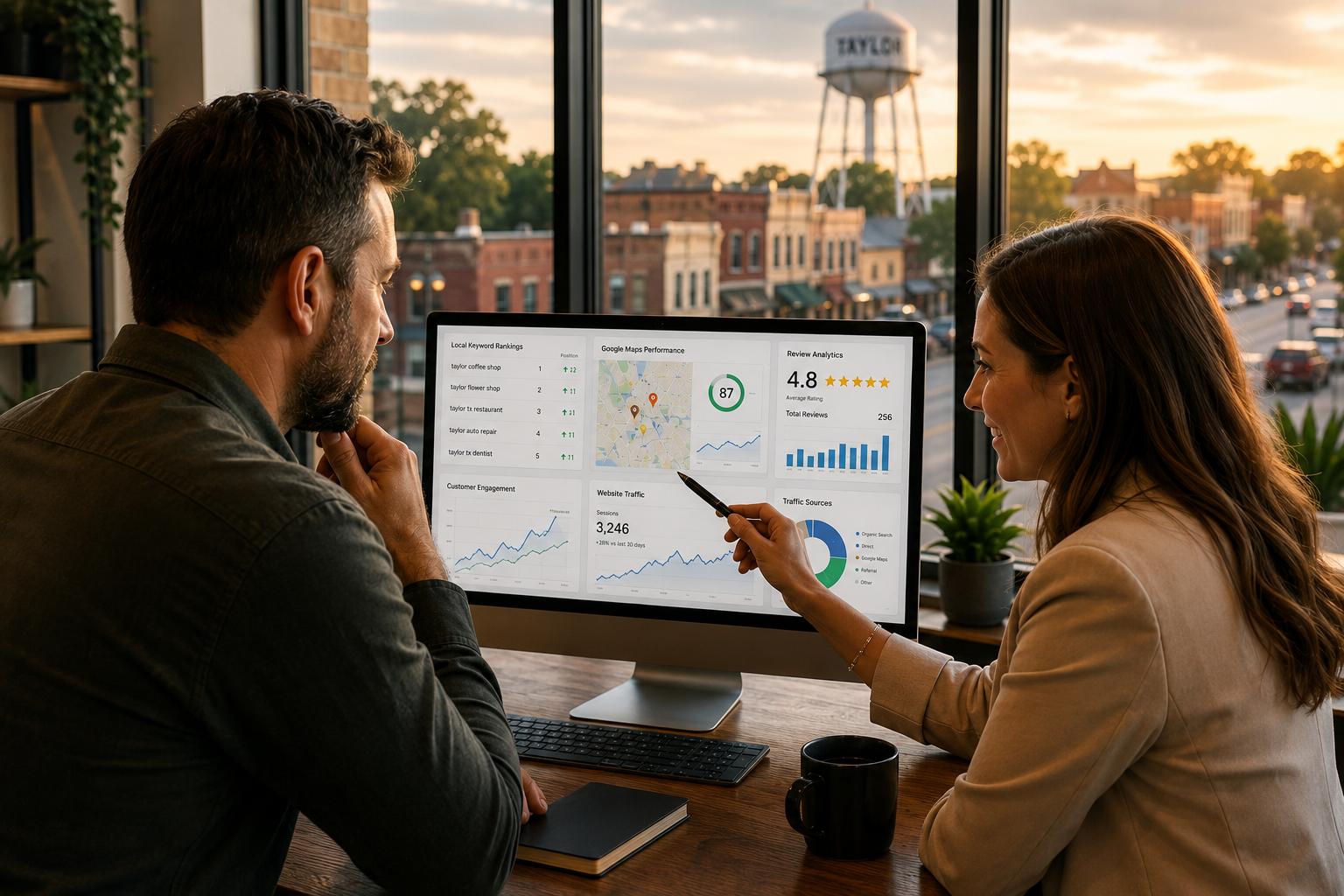 Taylor Texas business owner reviewing an online visibility report with a local marketing consultant showing keyword rankings, Google Maps performance, website traffic, customer engagement, and review analytics inside a modern office overlooking historic downtown Taylor.
