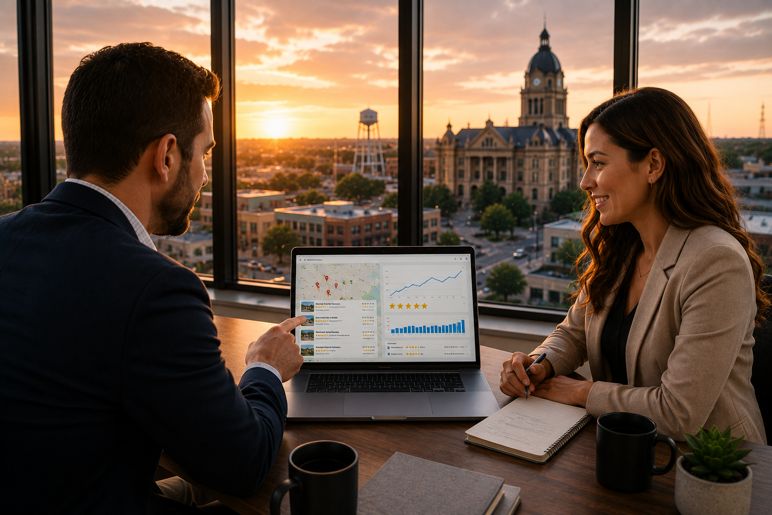Temple Texas business owner reviewing Google Search performance, Google Maps rankings, customer reviews, and online visibility metrics with a local marketing consultant during a strategy meeting overlooking downtown Temple.