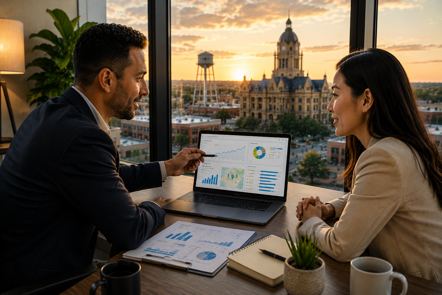 Temple Texas business consultant presenting Google Business Profile analytics, local search rankings, website performance, and customer inquiry trends to a local business owner during a visibility strategy meeting overlooking downtown Temple.