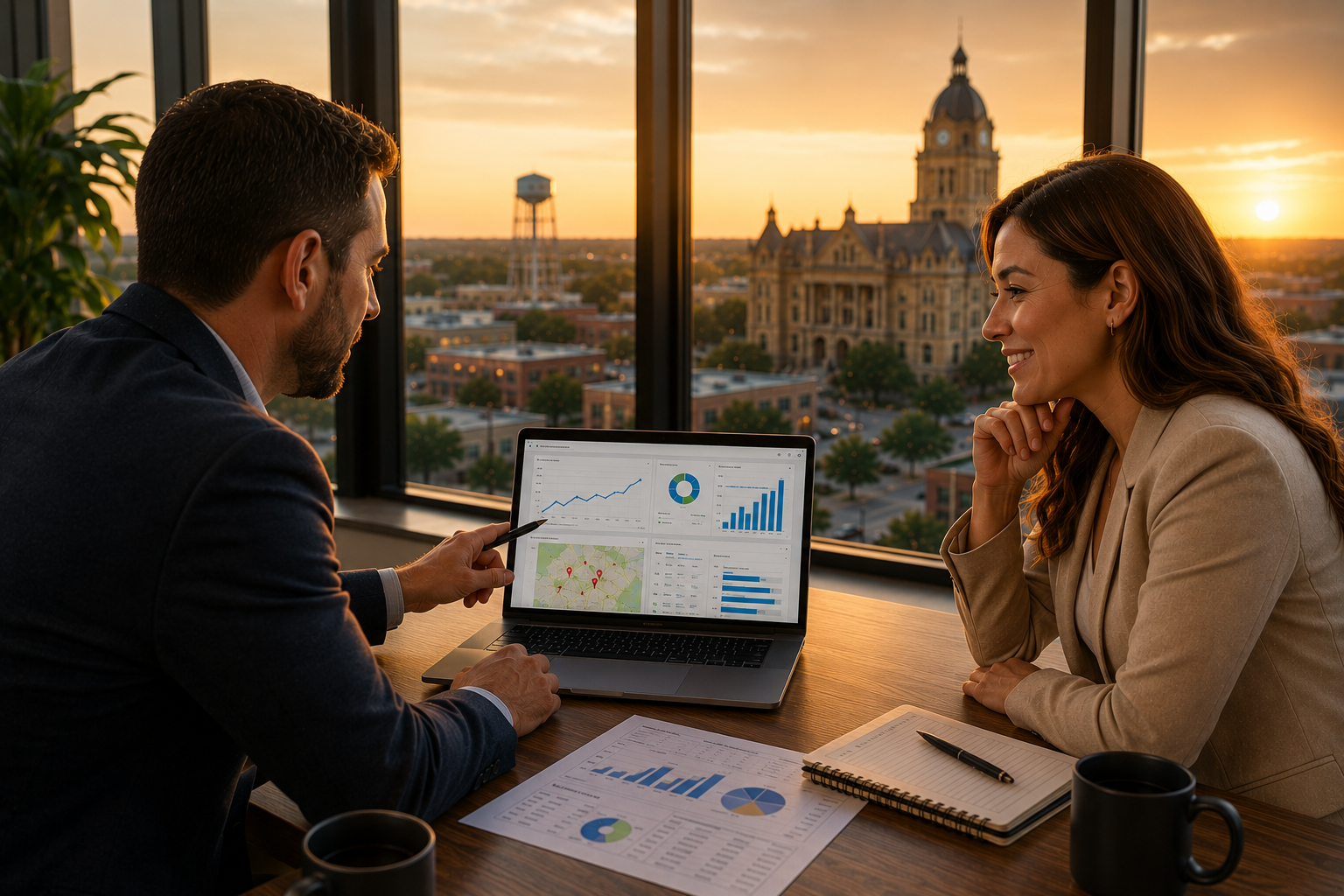 Temple Texas business owner reviewing Google Search rankings, Google Business Profile insights, website traffic trends, customer inquiry reports, and online visibility metrics with a local business consultant in a modern office overlooking downtown Temple.