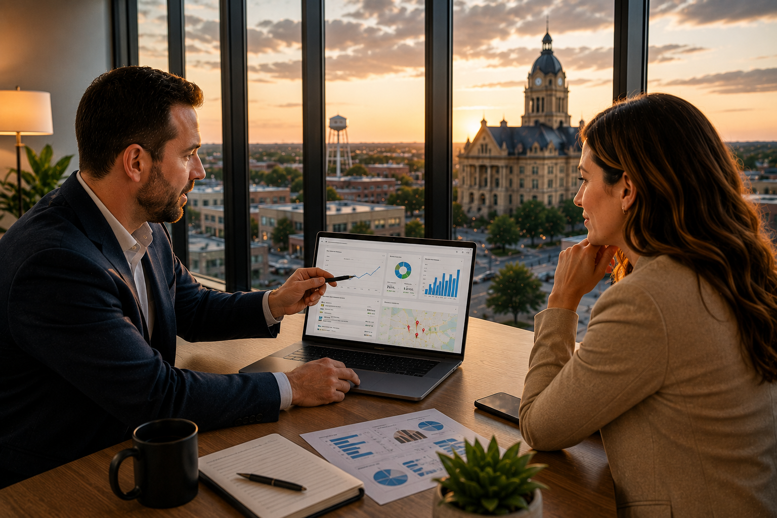Temple Texas business consultant presenting Google Business Profile analytics, local search visibility reports, keyword rankings, and customer inquiry data to a local business owner during a strategy meeting overlooking downtown Temple.
