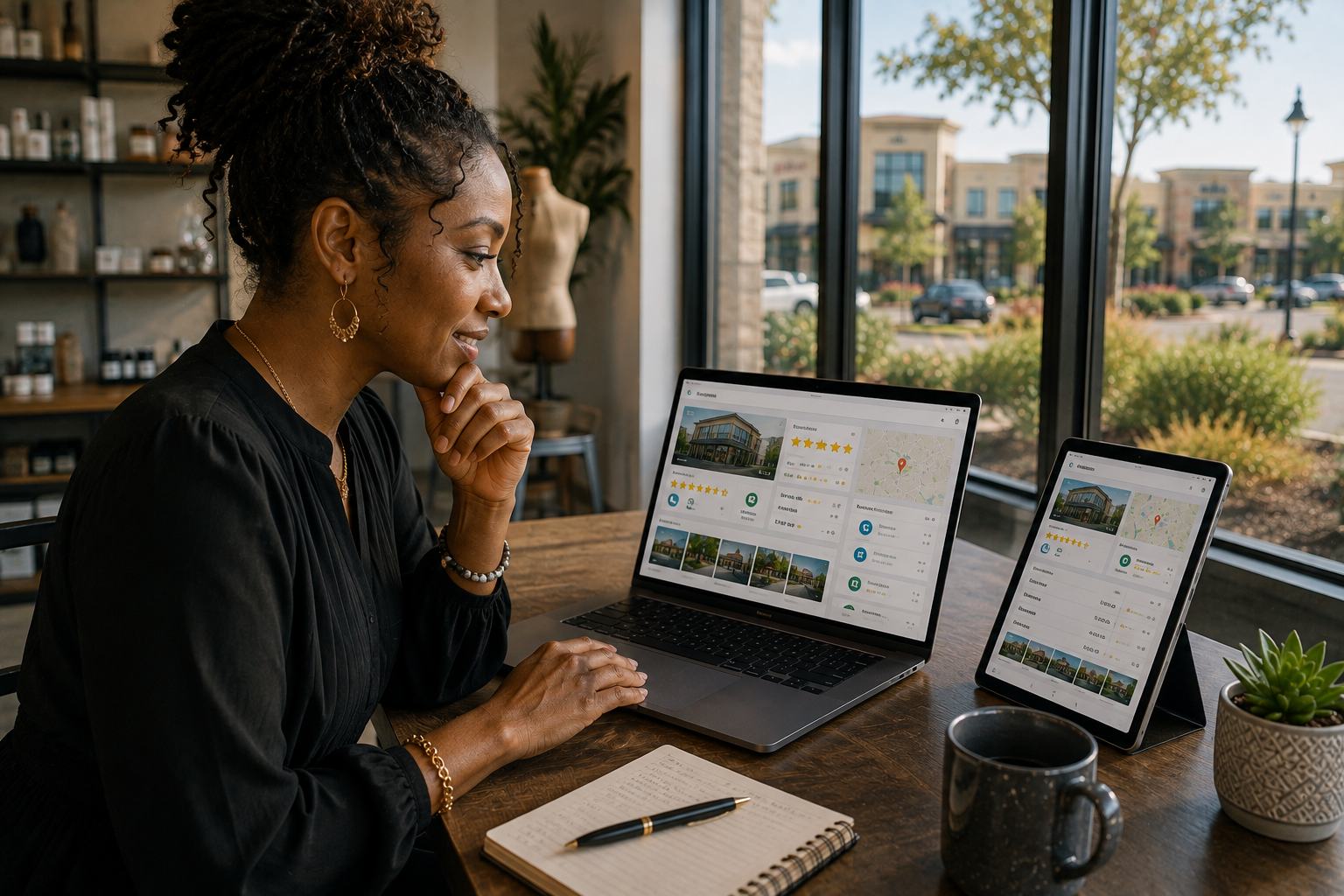 Cedar Park small business owner reviewing consistent business listings, hours, location details, photos and customer reviews across a laptop and tablet.
