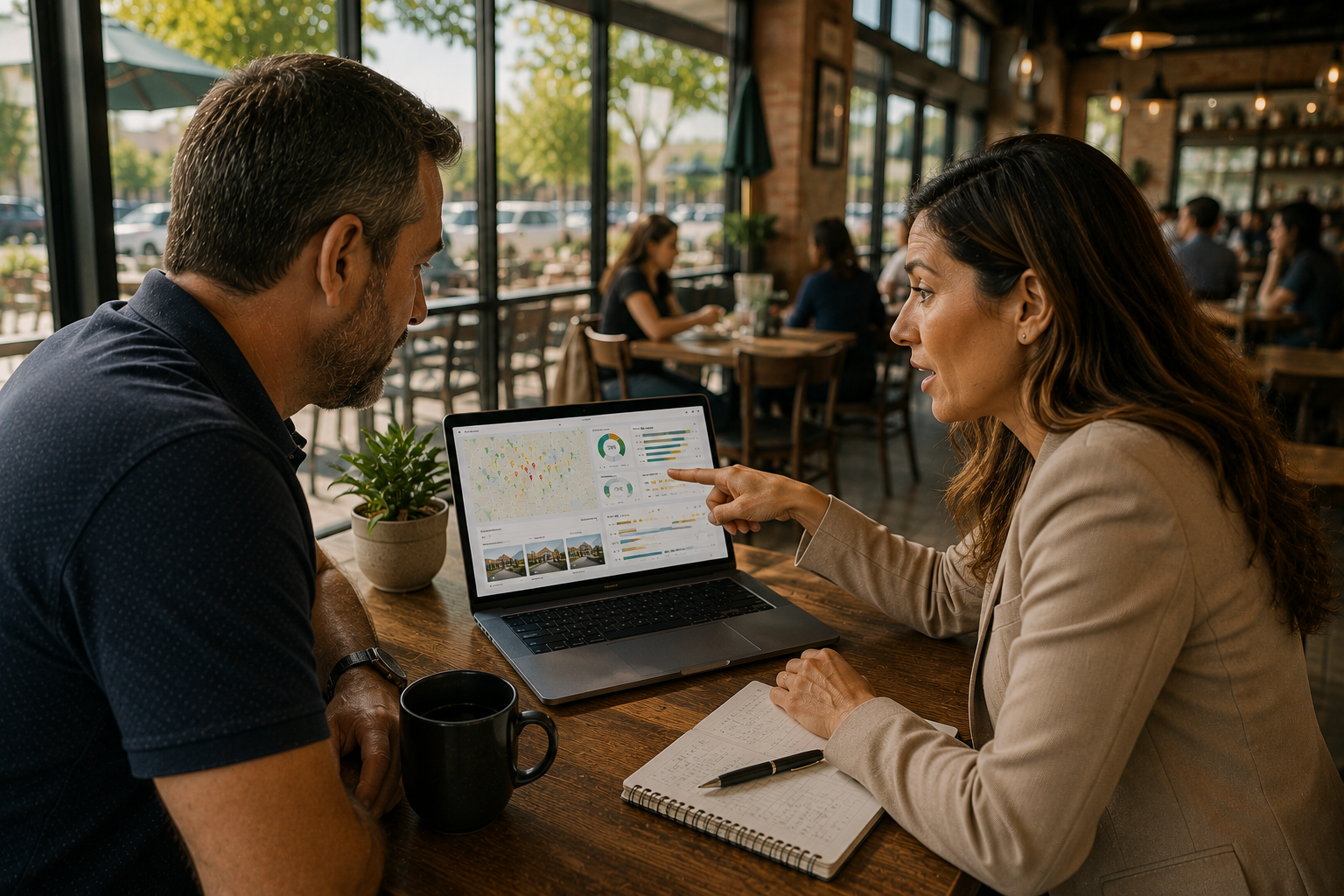 Cedar Park business owner reviewing a personalized local visibility report with a consultant showing map presence, business listings and customer engagement.
