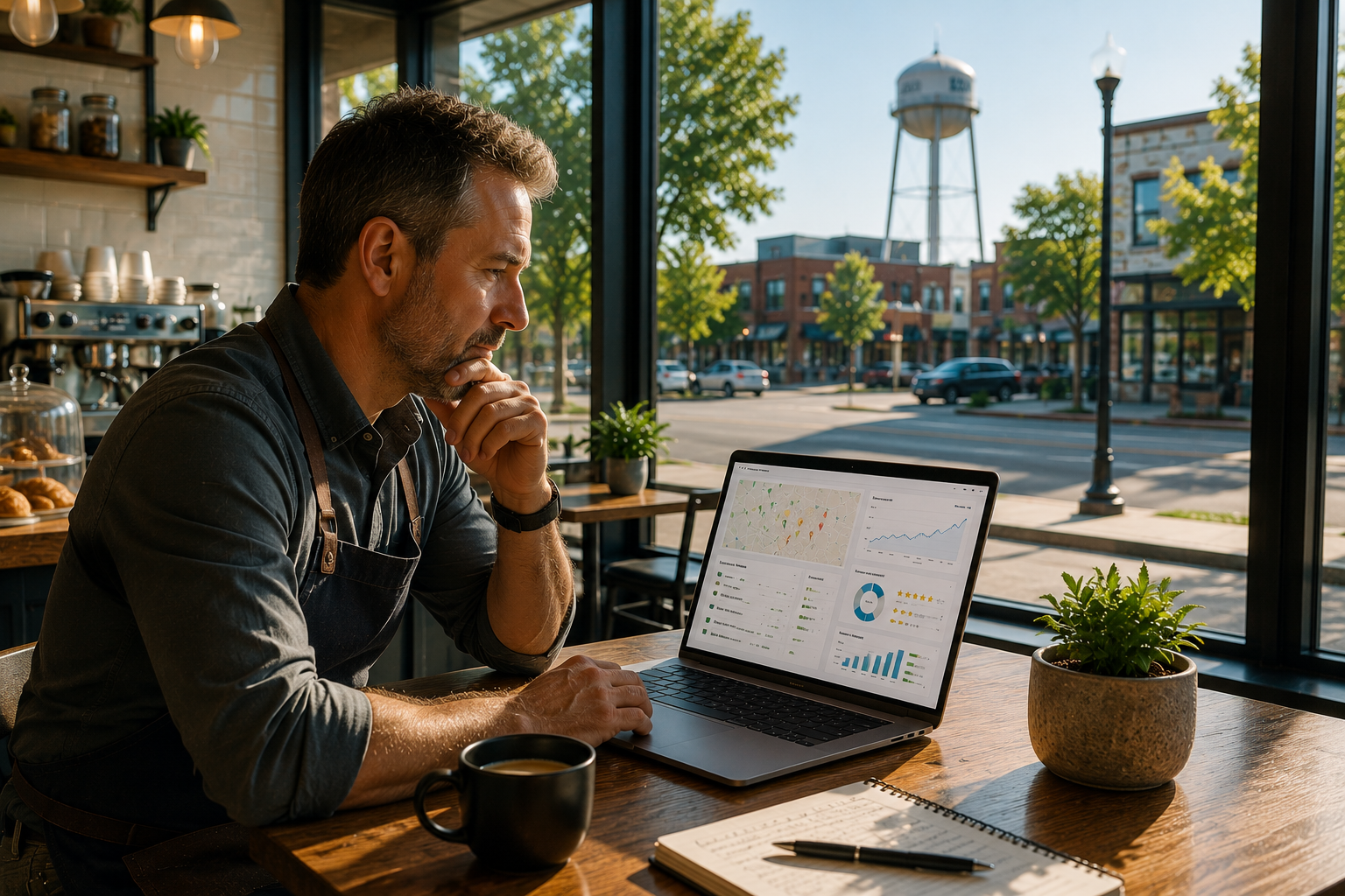 Cedar Park coffee shop owner reviewing Google Maps rankings, Google Business Profile insights, customer reviews and local search performance on a laptop while working inside a modern café.