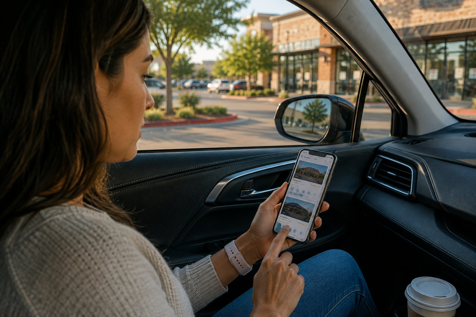 Cedar Park customer comparing nearby businesses, reviews and local search results on a smartphone outside a shopping center.