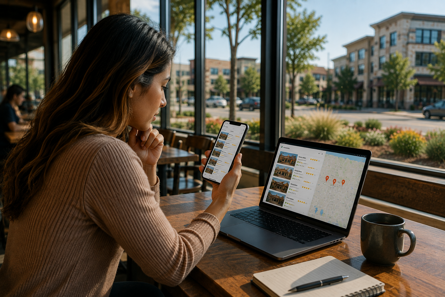 Customer researching Cedar Park businesses, reviews and nearby services using local search on a smartphone and laptop.