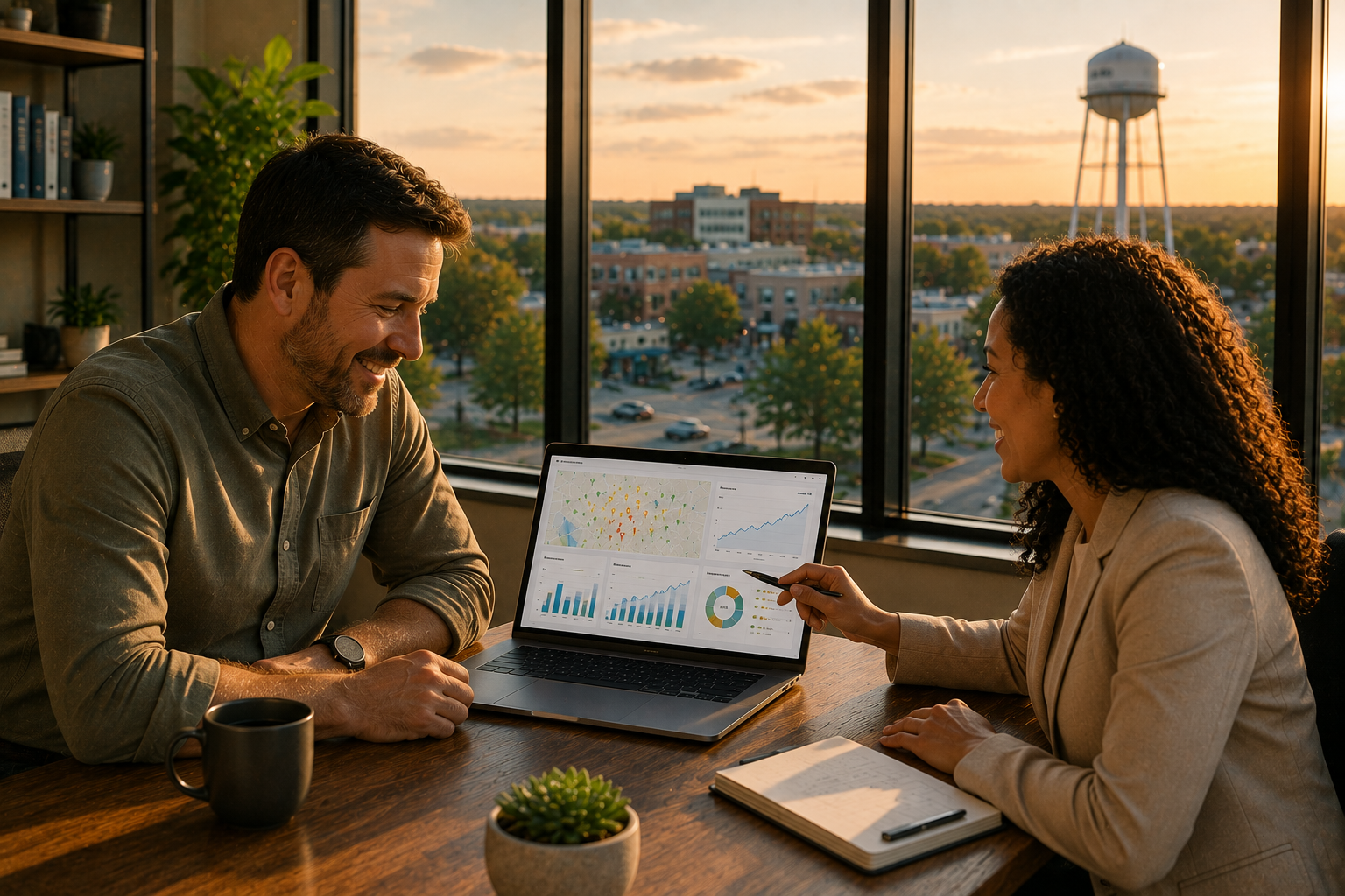 Cedar Park business owner reviewing improved Google Maps rankings, customer inquiries and local search visibility with a trusted marketing consultant inside a modern office overlooking Cedar Park.