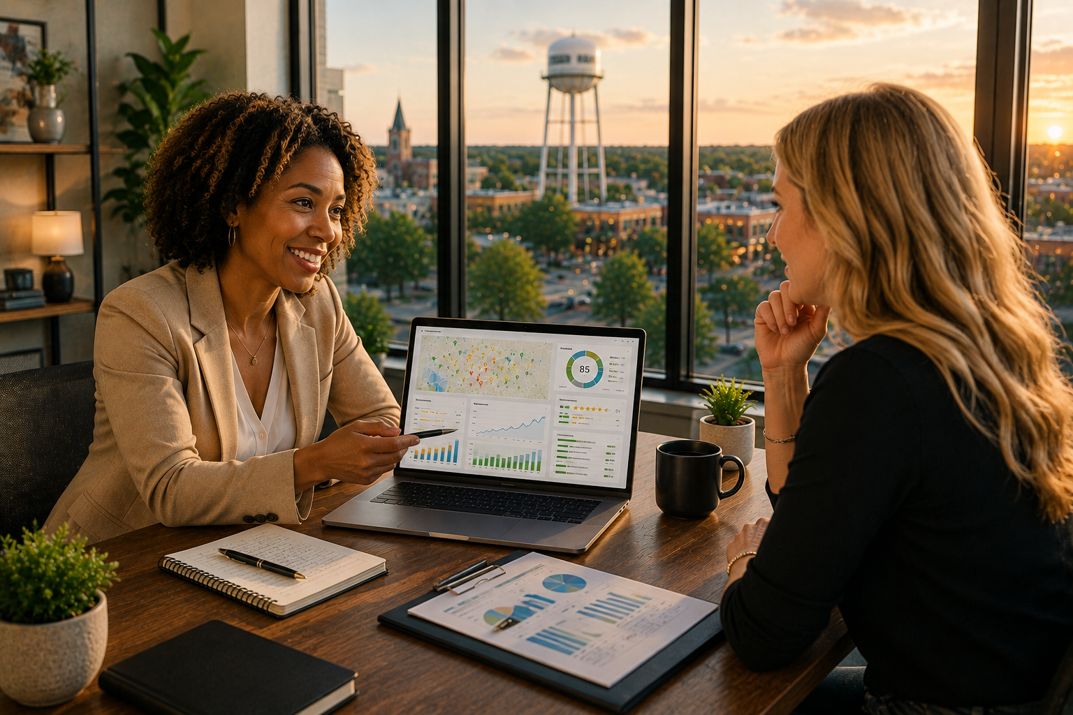 Cedar Park business owner meeting with a local digital marketing consultant while reviewing Google Business Profile performance, Google Maps rankings, customer reviews and business growth opportunities inside a modern office.