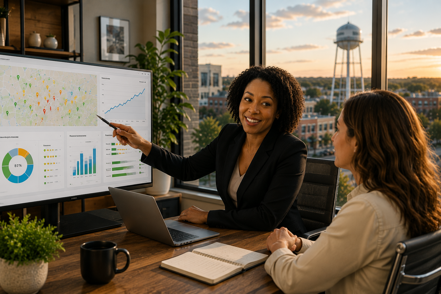 African American local marketing consultant presenting a Local Visibility Report to a Cedar Park business owner, reviewing Google Maps rankings, customer reviews, keyword growth and local search performance inside a modern office.
