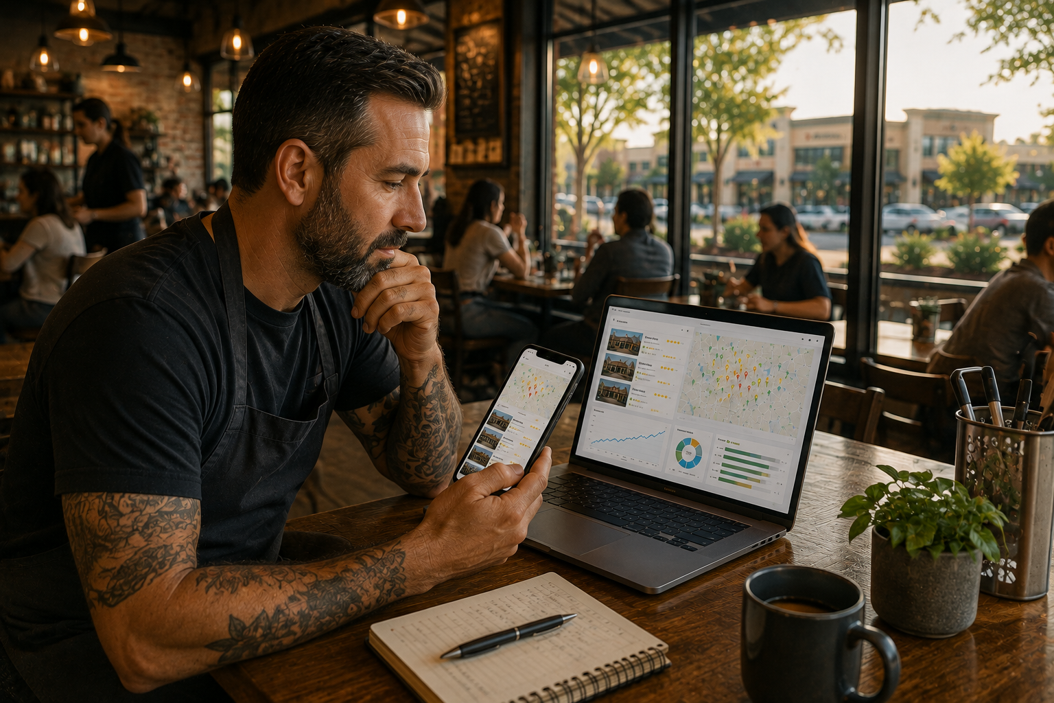 Cedar Park restaurant owner reviewing local search visibility, customer reviews and map results on a laptop and smartphone inside his restaurant.