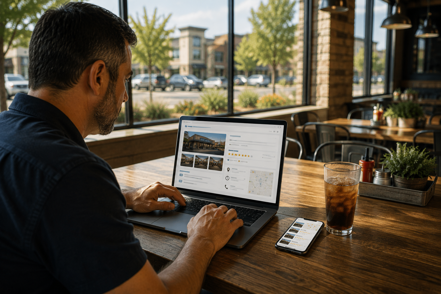 Leander small business owner reviewing online business information, customer reviews, photos and local visibility on a laptop inside a local restaurant.