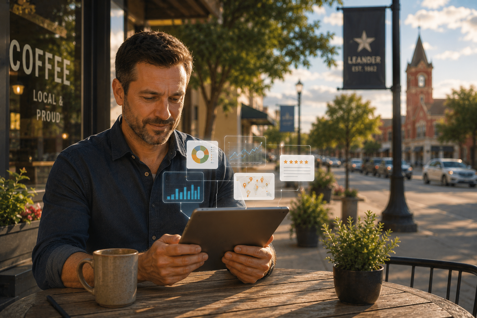 Leander Texas business owner reviewing online visibility metrics, customer discovery trends, local search performance, and business profile insights on a tablet outside a downtown coffee shop during golden hour.
