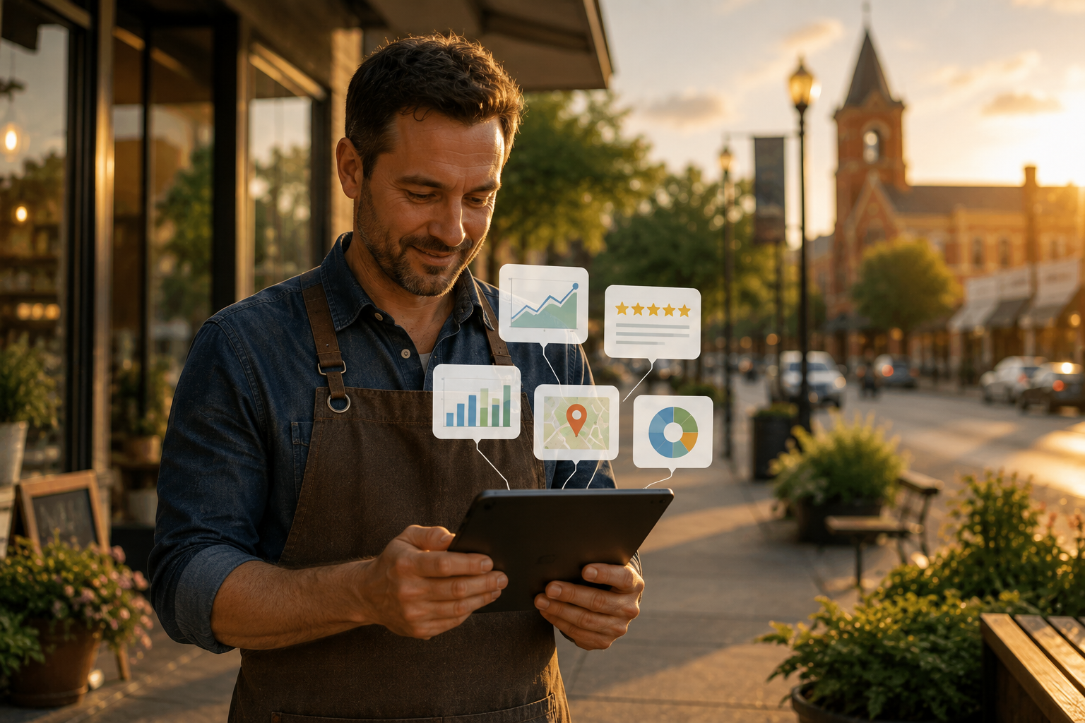 Leander Texas small business owner reviewing online visibility metrics on a tablet outside a modern storefront while monitoring customer discovery, local search performance, review growth, and business profile insights.