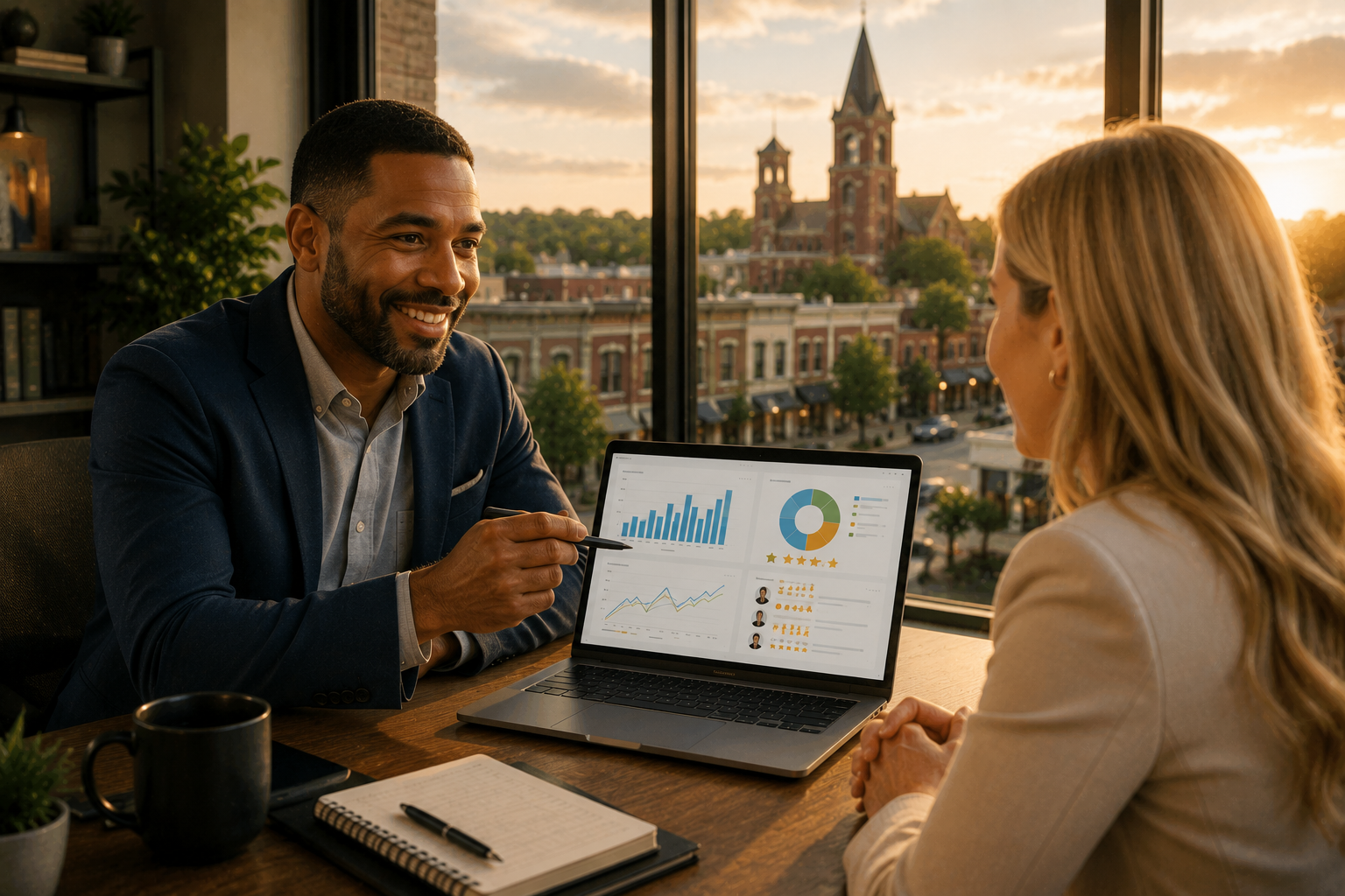 Leander Texas business owner reviewing Google Business Profile performance, customer reviews, website analytics, and local search visibility with a potential client inside a modern office overlooking downtown Leander during golden hour.