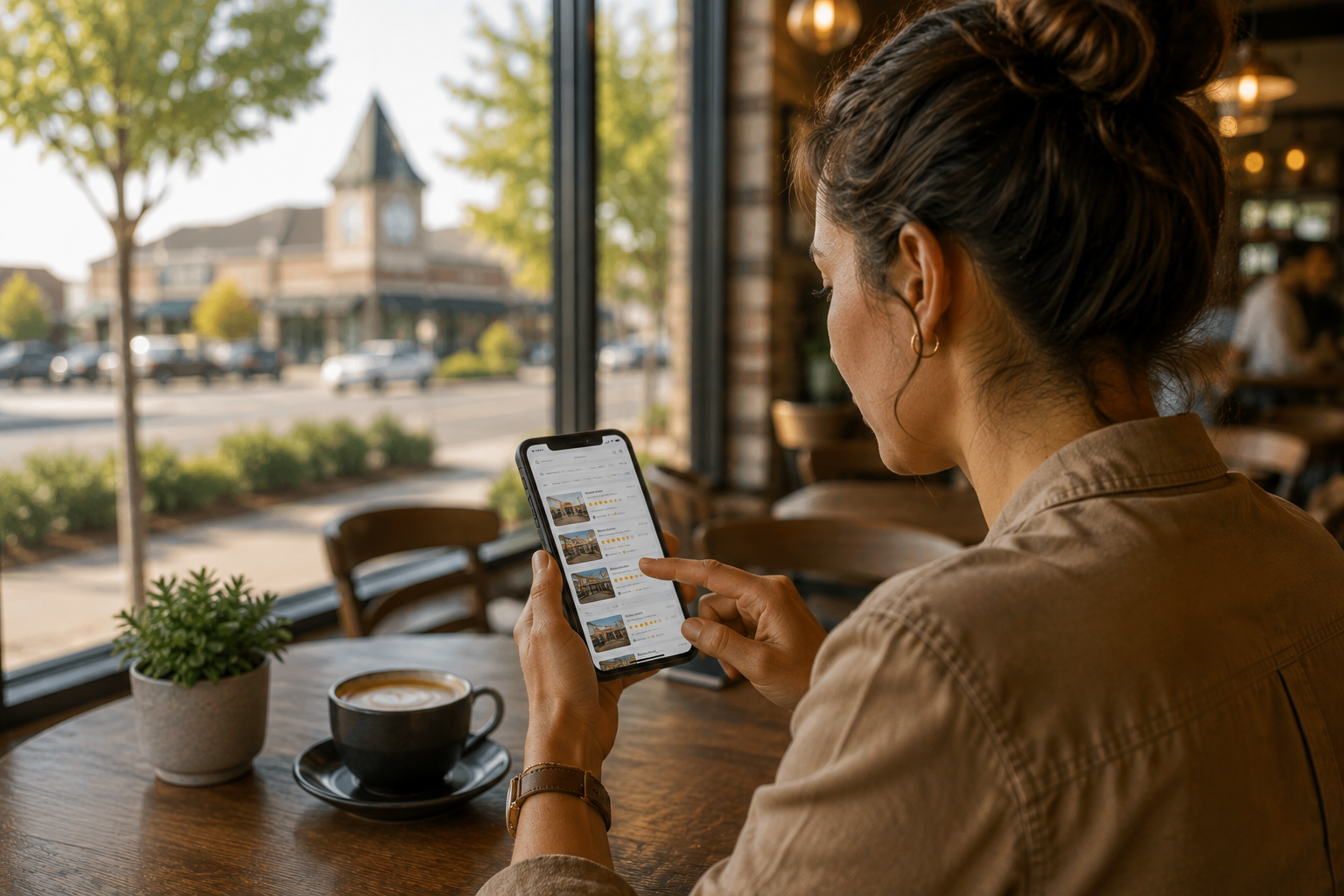 Customer comparing Leander local businesses, ratings, photos, hours, and online listings on a smartphone while sitting in a local coffee shop.