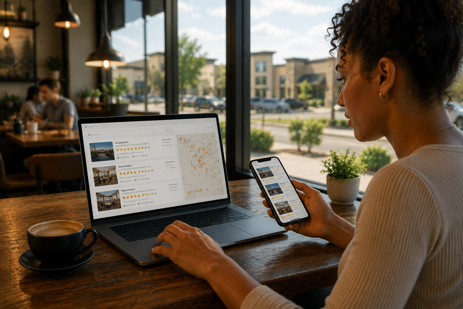 Customer comparing Leander local businesses, reviews, ratings, photos, and map listings on a laptop and smartphone before deciding which business to contact.