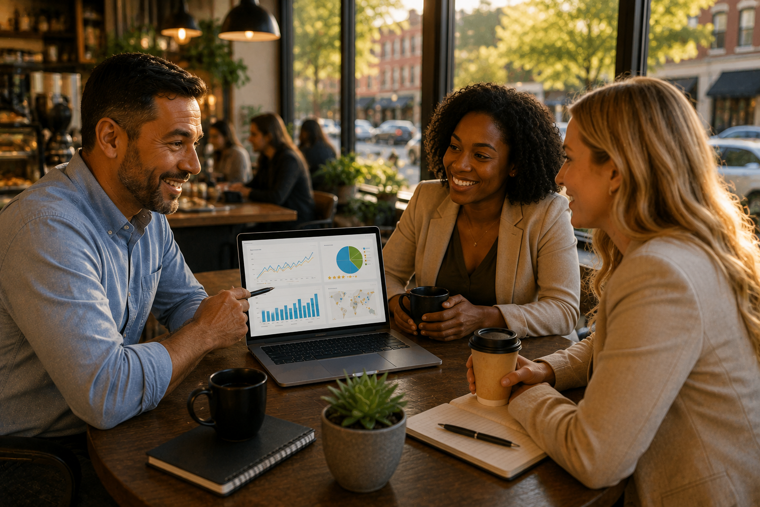 Leander Texas small business owner discussing Google Business Profile performance, local search visibility, customer reviews, and online business growth with two business professionals inside a downtown Leander coffee shop.