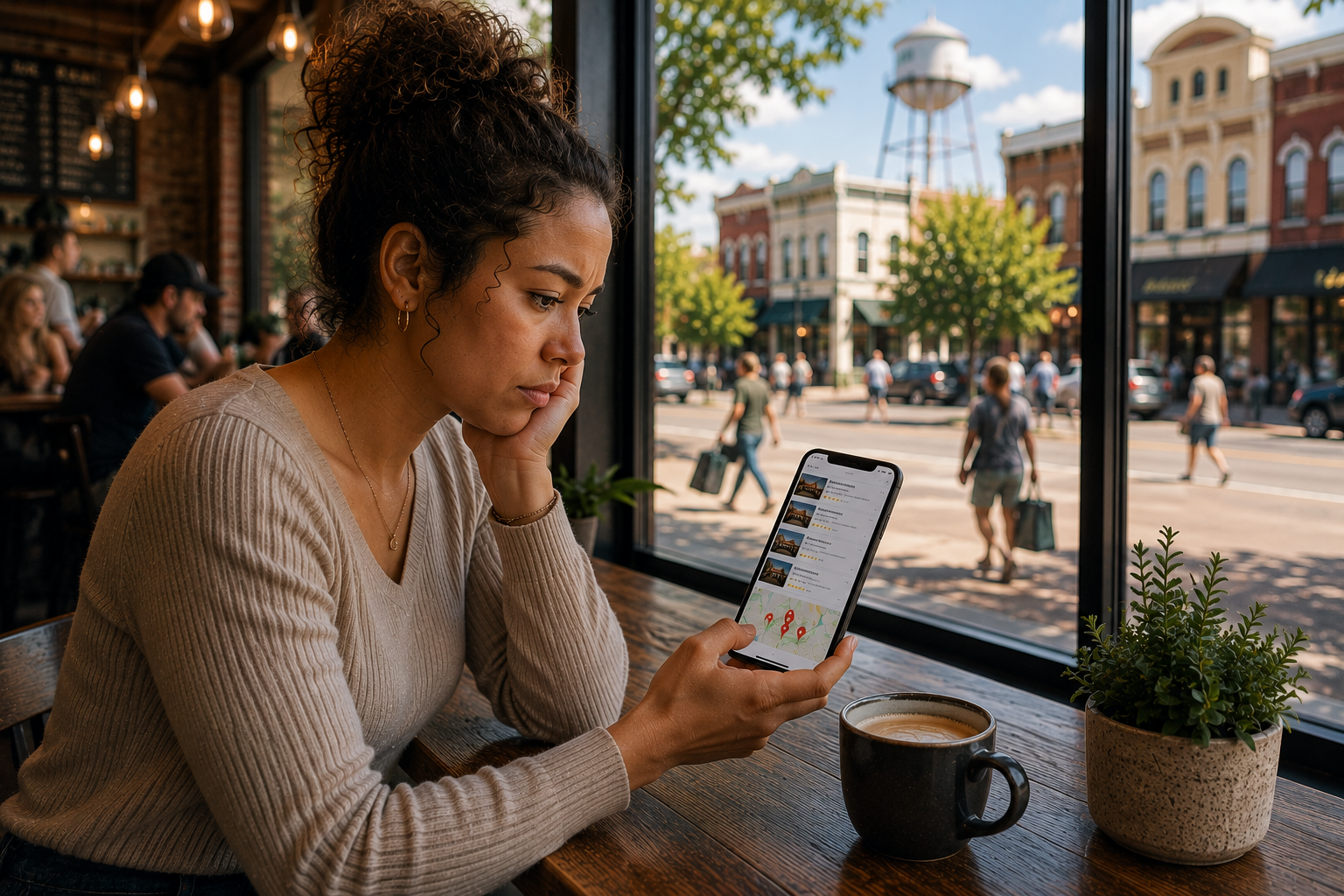 Taylor Texas customer comparing local businesses, reviews, photos, and map results on a smartphone inside a downtown coffee shop.