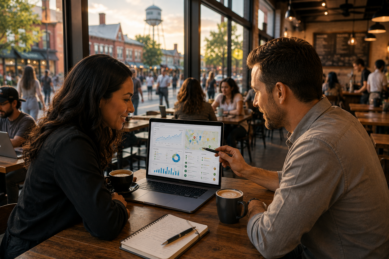 Taylor Texas business owner reviewing Google Business Profile insights, customer reviews, website traffic, and local search analytics with a marketing consultant inside a busy downtown coffee shop.