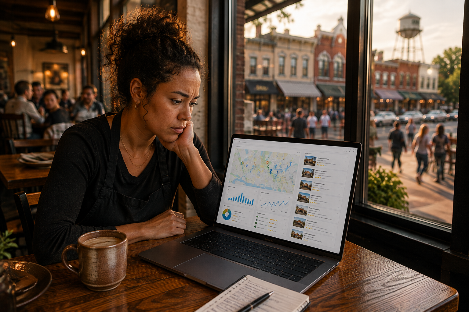 Taylor Texas business owner comparing local search visibility, customer reviews, website traffic, and nearby competitors on a laptop inside a downtown restaurant.