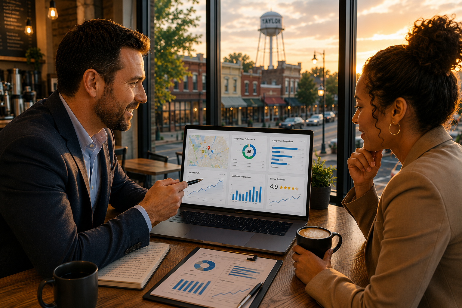 Taylor Texas business owner meeting with a local marketing consultant inside a downtown coffee shop while reviewing website traffic, Google Maps performance, customer inquiries, search visibility metrics, and online growth opportunities on a laptop.